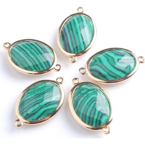 10pcs Shiny Oval Faceted Natural Stone Malachite Beads Two Hole Connector for Female Homme Jewelry Making PZ9060