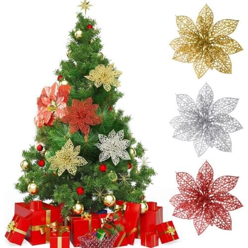 10pcs Christmas Tree Hanging Flower Christmas Decoration Hollow Artificial Flower Holiday Ornament
