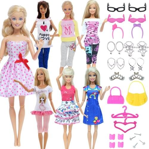 31 Pcs/Set Doll Outfits 3 Dress + 4 Tops Pants + Random 24 Accessories Hangers Glasses Bags Clothes for Barbie Doll Kid Toy Gift