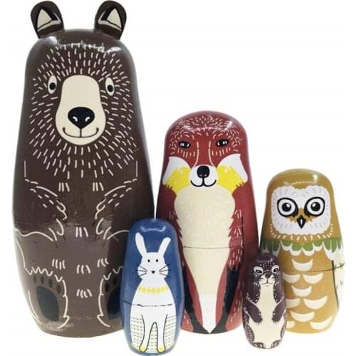 5Pcs/Set Wooden Bear Owl Rabbit Pattern Matryoshka Dolls Cute Animal Design Russian Nesting Dolls Baby Story Accessory Toy Gift