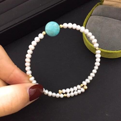Free shipping simple blue turquoise natural white small real pearl bead high quality jewelry single row stretch bracelet gift