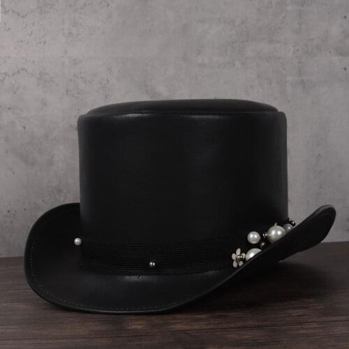 Women Leather Top Hat President Traditional Fedoras Hat Magician Lady Cosplay Party Caps Dropshiping 3Size 13CM Top