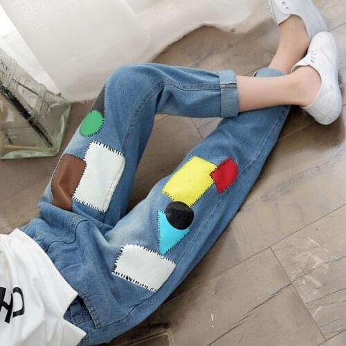 Female child jeans spring 2020 child loose trousers patch casual girls pants
