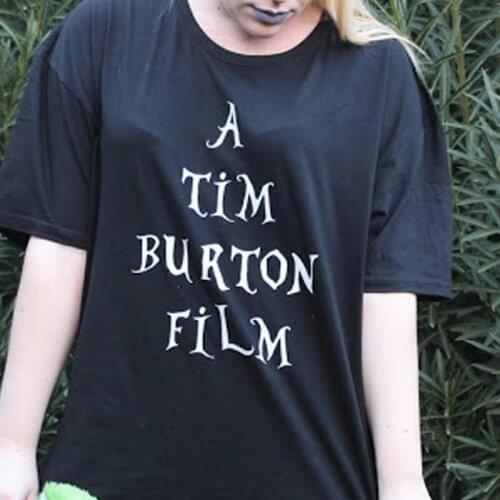 A Tim Burton Film Letters Printed Oversized Black T-Shirt Womens Fashion Horror Movie Tee Halloween Shirt Gothic Clothing