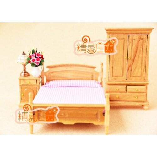 G05-X4306 children baby gift Toy 1:12 Dollhouse mini Furniture Miniature rement wooden bedroom set 3pcs