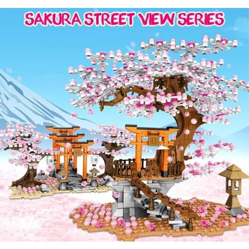 City Street View Idea Sakura Stall Inari Shrine Bricks Friends Cherry Blossom Landscape House Tree Building Block Toys