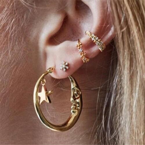 HuaTang 4pcs/set Bohemian Gold Star Moon Earrings Set Geometric Crystal Stud Earrings Piercing Ear Clip Ladies Party Jewelry