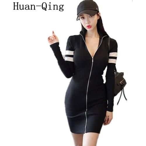 Korean Black Zipper Knitting Dress Spring Women Long Sleeve Elasticity Knit Dress Sexy Nightclub Bodycon Pencil Dresses Vestidos