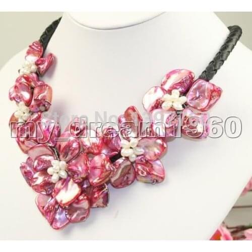 Miss charm Jew.134 Stunning big handmade baroque shell pearl flower leather necklace