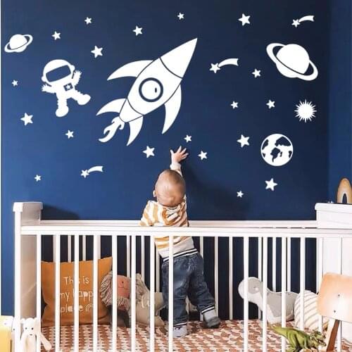 Creative Outer Space Planet Wall Stickers for Kids Room Cartoon Astronaut Art Wall Decals Vinyl Home Decor Baby Nursery Room