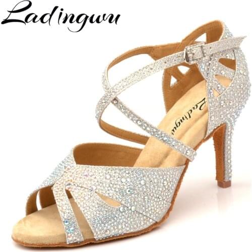 Ladingwu Hot Brand Silver Flash cloth Womens Latin Dance Shoes Rhinestone Ballroom Dance Shoes Square Dance Shoes Soft Bottom