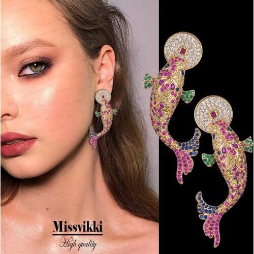Missvikki High Quality Fashion Hot Lucky carp Dangle Earrings Shiny Clear Cubic zirconia Naija Bridal Wedding Earring Jewelry