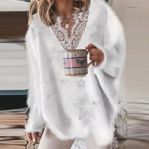 Fashion Comfortable Women Soft Sweater Elegant Lace V Neck Ruffle Fleece Sweater Autumn Winter Loose Streetwear Pullover Jumper