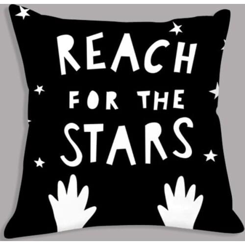 Cartoon Cushion Cover Black and White Plush Throw Pillow Case Cartoon Rocket Hand Reach for The Stars Quote Art Cushion Cover