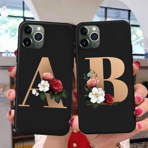 Lovebay Customized Initial 26 Letter Phone Case For iPhone 11 Pro Max 12 Pro X XR XS Max Flowers Black Silicone Soft Back Cover