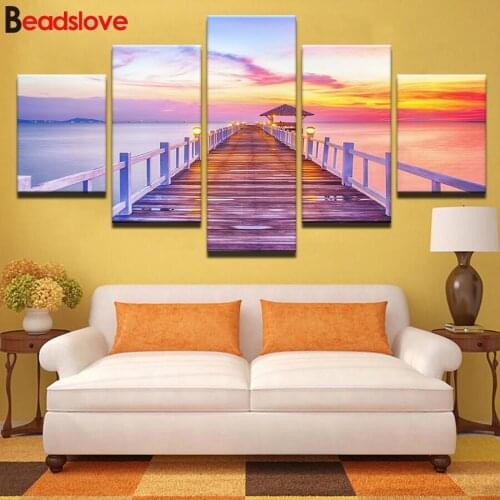 Full Square round DIY Diamond Painting 5 Pieces Sunrise Wooden Bridge Seascape Diamond Embroidery Cross Stitch kit,Mosaic,decor