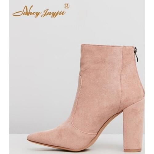 Spring Autumn Pink Ankle Boots For Ladies Large Size 15 Zipper High Chunky Heel Pointed Toe Nude For Woman Shoes Casual Mature