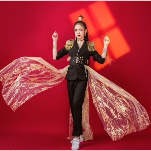 New Girls Hip Hop Costumes Handsome Suit Kids Jazz Dancing Show Street Dance Costumes Children Jazz Modern Stage Wear XS1136
