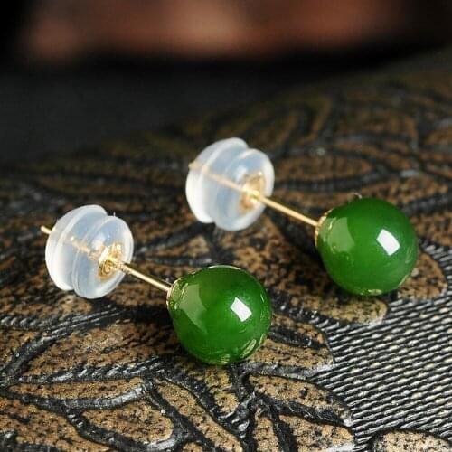 New Solid Pure 18Kt Yellow Gold Green Jade Jadeite Earrings Women 5.5mm Smooth Ball Stud Earrings