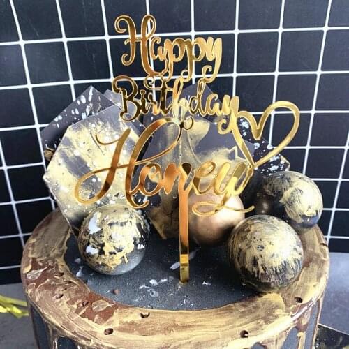 New Gold Happy Birthday Honey heart Cupcake Topper Gold Silver Acrylic 3D Circle Cake Topper for Birthday Party Cake Decorations