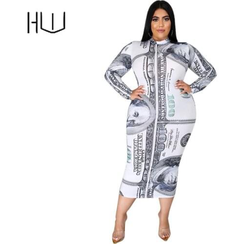 Dresses for Women 2021 Dollar Money Printing Long-sleeved High-neck Ladies Casual Midi Maxi Dress Robe Plus Size Women Clothing