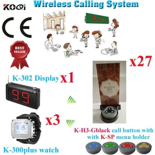 Restaurant Wireless Waiter Pager System Mini Pager Calling Service Full Equipment(1 display+3 watch+27 button+27 menu holder)