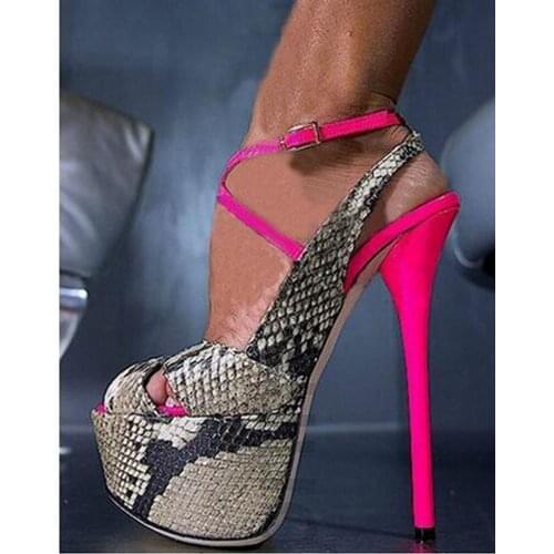 Platform Sandals Women Snakeskin Patchwork Extra High Heels Crossed Straps Buckle Stilettos Women Pumps Shoes Sapato Feminino