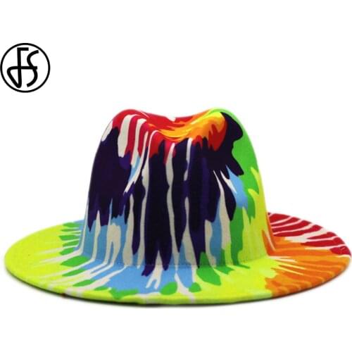 FS Yellow Green Graffiti Tie-dye Woolen Frdora Hats Bright Color Wedding Church Jazz Hats For Women Men Spring Autumn 2021