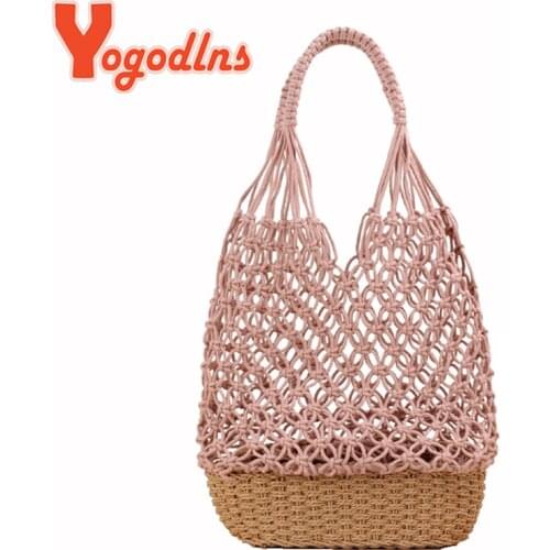 Yogodlns Fashion Women Bag Cotton Thread Summer Beach Bag For Lady Knitted Straw Large Woven Handbag Casual Tote Shoulder Bag