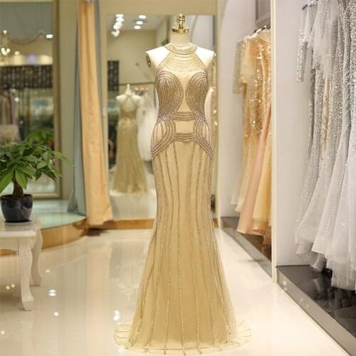 Mermaid Evening Dresses Halter Neck Diamonds Trim Sleeveless Formal Party Gowns Gold robe de soiree Evening Prom Gowns