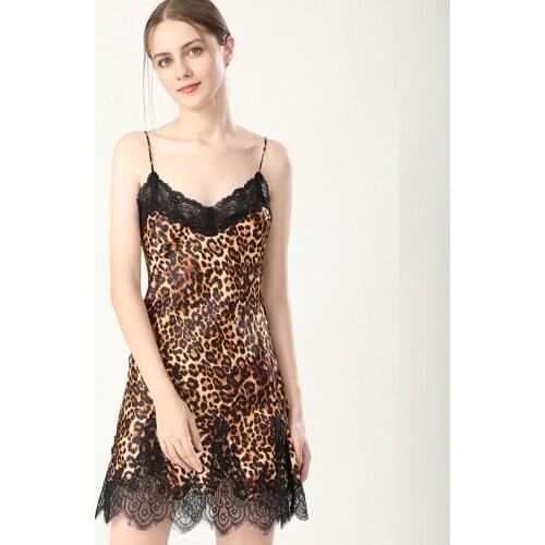 100% Silk Leopard Nightgown Women Lace Slim Fit Ladies Nightie Party Elegant Sexy Satin Nightwear sp0172