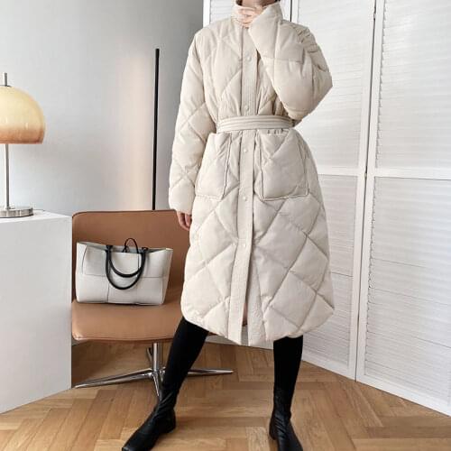 2021 Winter New Korean Style Long Cotton-padded Coat Womens Casual Stand-up Collar Argyle Pattern Oversized Parka Chic Jacket