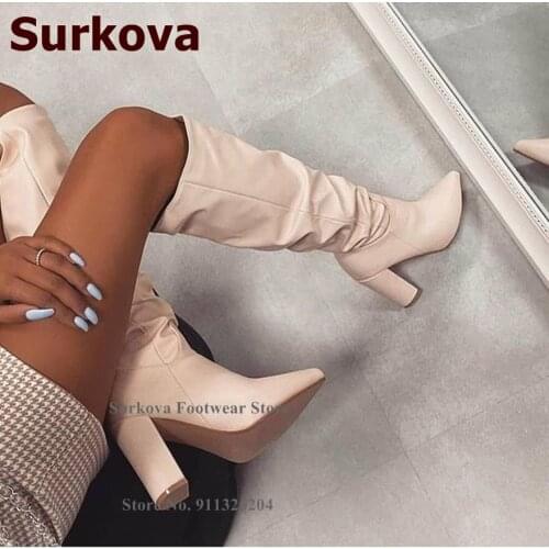 Surkova Women Beige Chunky Heel Slouch Boots Pointed Toe Pleated Knee High Dress Boots Sexy Gladiator Banquet Shoes Plus Size46