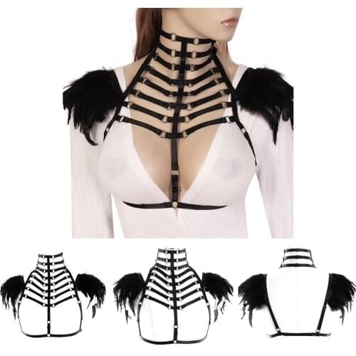 Punk Goth Accessories Feathers Harness Tops Fashion Hollow Bra Sexy Lingerie Adjust Waist Suspender Pastel Goth Festival Rave