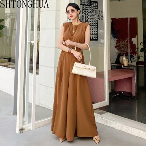 High quality Women Jumpsuit for Women Sexy sleeveless O Neck Sashes Split Playsuit Female 2020 Summer Loose Wide Leg Rompers