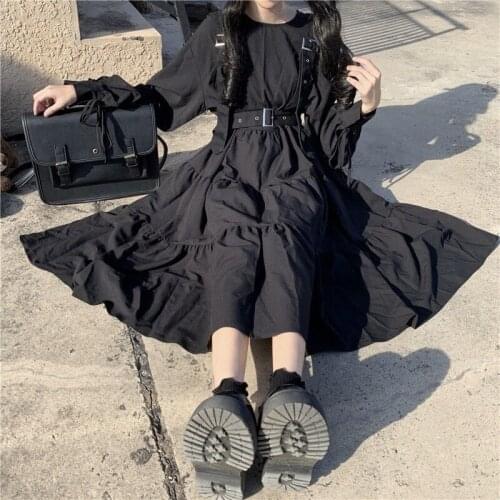 2021 New Hot Gothic Style Dress Women Harajuku Gothic Lolita Kawaii Dress Punk Cute Long Sleeve Black Midi Dress maxi dresses
