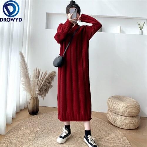 2021 Korean Version of The Long V-neck Knitted Twist Loose Straight Thick Sweater Dress Women Black Party Pullover Stretch Dress