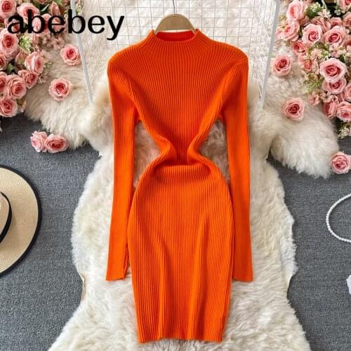 2021 New Spring Autumn Fashion O-neck long sleeve knitted Dress high waist elastic skinny mid-long solid color wrap Dress