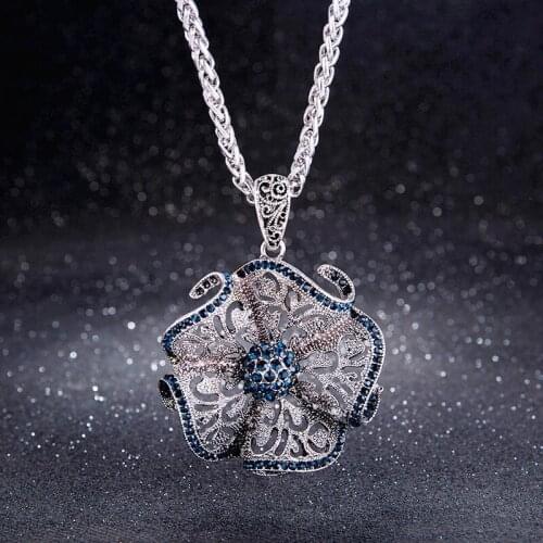 MOONROCY Ancient Silver Color Crystal Long Chain Necklace Vintage Blue Sweater Coat Flower for Women Gift Dropshipping