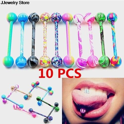 10Pcs/lot Sexy Colorful Glitters Tongue Rings Fashion Surgical Steel Piercing Tongue Studs Jewelry For Women Men