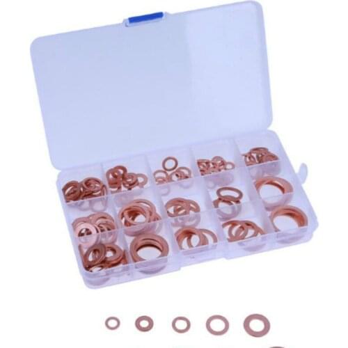 150pcs 15 Sizes Copper Washer Gasket tool accessory Set Flat Ring Seal Kit with Plastic Box M5-M22 For Generators Machinery