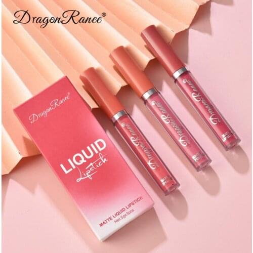 DRAGON RANEE 3Pcs Lip Glaze Velvet Matte Liquid Lipstick Set Orange Milk Tea Bean Paste Non-sticky Lip Gloss Tint Cosmetics TSLM
