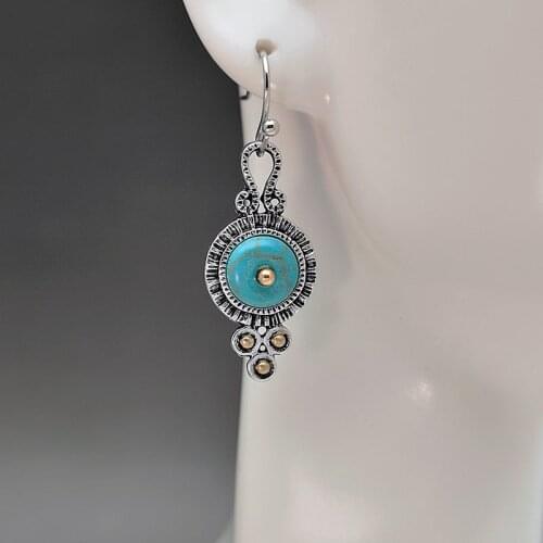 Antique Round Green Stone Drop Dangle Earrings for Women Silver Color Ethnic Bohemian Jewelry Tibetan Turquoises Beads Earrings