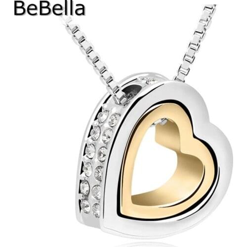 BeBella double metal color heart in heart pendant necklace with Czech crystal for women girl fashion jewelry Christmas gift