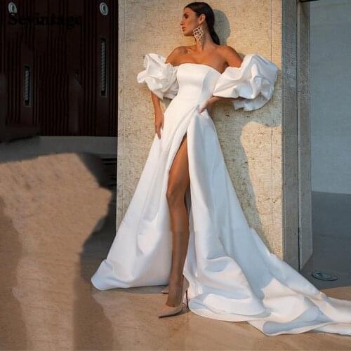 Sevintage White A Line Prom Dresses Deteachable Short Puffy Sleeves Evening Gowns High Slit Women Formal Party Dress Plus Size