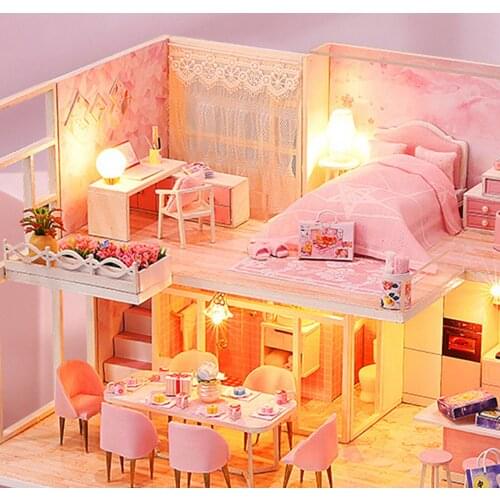 DIY Craft Dollhouse with Wooden Furniture LED Light Home for