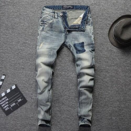 European Street Fashion Men Jeans Retro Gray Blue Slim Fit Distressed Wash Ripped Jeans Men Designer Casual Denim Punk Pants