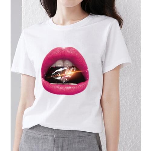 Summer Womens T-shirt 90s Retro Street Sexy Colorful Lip Print Pattern Ladies Tops Womens White Soft and Breathable T-shirt