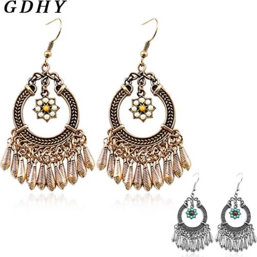 GDHY Ethnic Metal Alloy U-shaped, Round Ring Vintage Drop Water Tassel Earrings Bohemia Style Drop Earrings Jewerly For Women