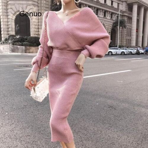 Elegant V-Neck Batwing Sleeve Two Piece Set Women Winter Sexy Party Knitted Package Hip Skirt Suits Lady Club Bodycon Outfit